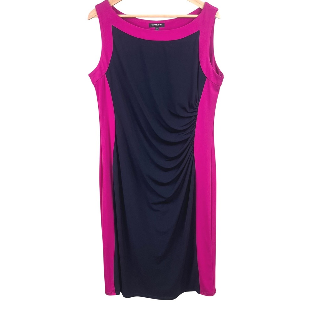 Glamour Navy Hot Pink Sleeveless Stretch Pull Over Shift Lined Dress 14 w